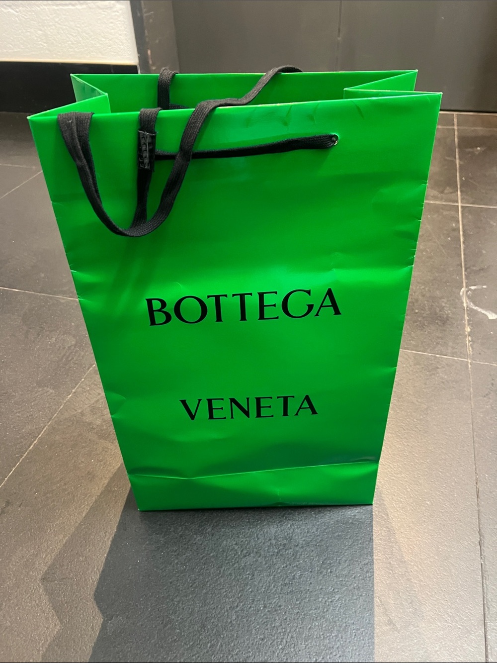 Bottega Veneta Neon Green Logo Paper Shopping Bag with Black Handles